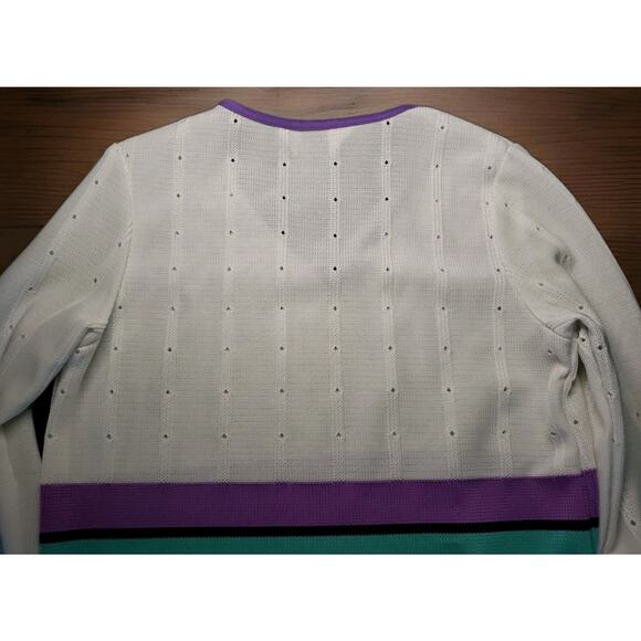 NPC Fashions Purple Teal Black On White Sweater - Picture 6 of 8